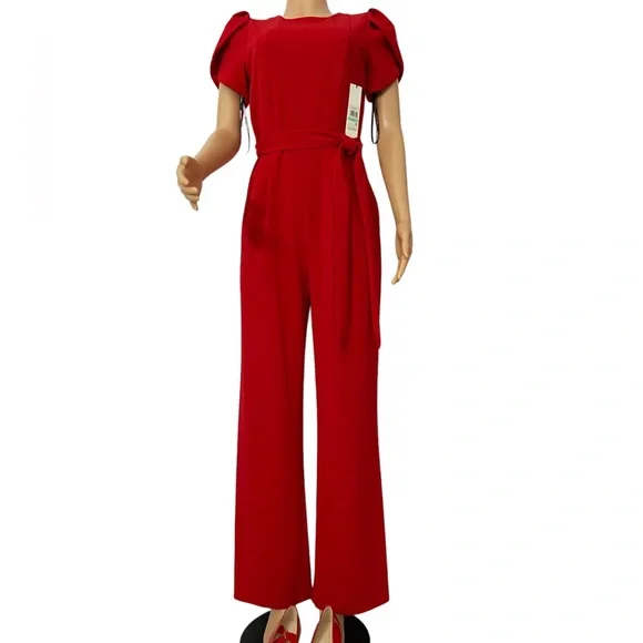 Calvin Klein red tulip sleeve wide leg romper jumpsuit - Picture 2 of 8